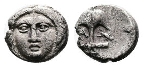 Thrace. Apollonia Pontica, circa 404-342/1 BC. Silver Diobol (11 mm, 1.18 g.). Facing gorgoneion. Rev. Upright anchor; A to left, crayfish to right. H...