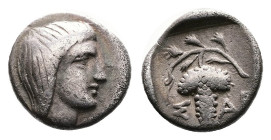Thracian Kingdom, Odrysian Dynasty, Saratokos, circa. 407-369 BC. Silver trihemiobol (10 mm, 0.82 g.). Bare head of Saratokos right. Rev. Σ-A, grape b...