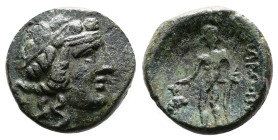 Thrace, Maroneia. 1st Century BC. Bronze (16,4 mm, 4.01 g.). Wreathed head of Dionysos right. Rev. Dionysos standing left, nude but for chlamys draped...