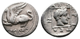 Thrace. Abdera, circa 375-365 BC. Silver Tetrobol (15 mm, 2.57 g.). … OΛΛΕΧ Griffin springing to left. Rev. ABΔ-ΗPI-TEΩ-N, laureate head of Apollo to ...