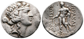 Thrace. Thasos, circa 100-75 BC. Silver Tetradrachm (32.5 mm, 16.70 g). Wreathed head of young Dionysos to right. Rev. ΗΡΑΚΛΕΟVΣ / ΣΩΤΗΡΟΣ / ΘΑΣΙΩΝ, H...