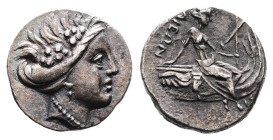 Euboea. Histiaia, ca. 181-141 BC. Silver Tetrobol (12.7 mm, 1.46 g.). Wreathed head of the nymph Histiaia to right. Rev. IΣTI – AIEΩN, nymph seated ri...