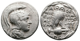 Attika. Athens, 124-123 BC. ‘New Style’ Coinage. Silver Tetradrachm (28.3 mm, 15.94 g.). Mikion, Eurikles, and Askle(pios?), magistrates. Helmeted hea...
