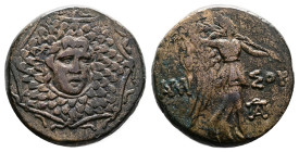 Amisos, Time of Mithradates VI Eupator, circa 85-65 BC. Bronze ( 21 mm, 9.21 g.). Aegis portrait 3/4 facing. Rev. AMI-ΣOY Nike advancing right, holdin...