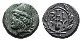 Troas. Birytis, circa. 350-300 BC. Bronze (11 mm, 1.25 g.). Head of Kabeiros to left, wearing pileus, stars on both sides. Rev. B-I / P-Y in two lines...