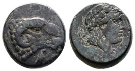 Troas. Kebren, circa 400-310 BC. AE (19 mm, 9.13 g.). Head of ram to right; eagle below. Rev. Laureate head of Apollo to right, E below. BMC 23-27; SN...