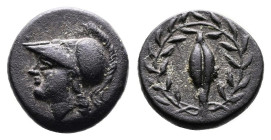 Aeolis, Elaia, circa 340-300, Bronze (11,5 mm, 1.47 g.). Helmeted head of Athena left. Rev. Grain ear within an olive wreath. BMC 4. SNG Copenhagen 16...