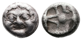 Mysia, Parion, 5th Century BC. Silver Drachm (12.33 mm, 3,45 g.) Facing Gorgoneion with protruding tongue. Rev. Cruciform like quadripartite incuse sq...