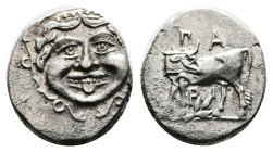 Mysia. Parion, 4th Century BC. Silver Hemidrachm (13 mm, 2.37 g). Facing gorgoneion monogram above hair. Rev. ПA – PI, cow standing left, head right; ...