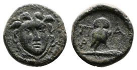 Mysia, Parion. 2nd-1st Centuries BC. Bronze (14 mm, 2.77 g.). Gorgoneion facing. Rev. Π - Α / Ρ - Ι Owl with head facing, standing to right on palm fr...