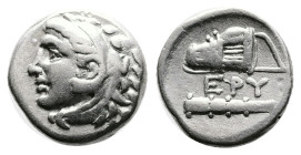 Ionia. Erythrai, circa 325-315 BC. Silver Hemidrachm (12 mm, 1.70 g). Rhodian standard. Head of Herakles to left, wearing lion skin. Rev. EPY, club an...