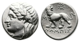 Ionia, Miletos, circa 340-325 BC. Silver Drachm (15 mm, 3.55 g.). Lampis, magistrate. Head of Apollo to left, wearing laurel wreath. Rev. Lion standin...