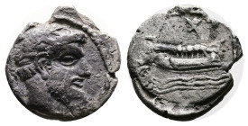 Phoenicia, Arados. Uncertain King, circa 420-400 BC. Silver 1/3 Shekel (16 mm, 3.32 g.). Laureate, bearded head of Ba'al-Arwad to right. Rev. Galley t...