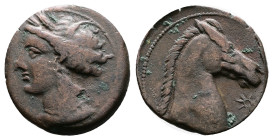 Zeugitania, Siculo Punic issues, Carthage (18 mm, 3.35 g.). Head of Tanit left. Rev. Horse head. to right, star before. SNG Cop. 144. Nice very fine, ...