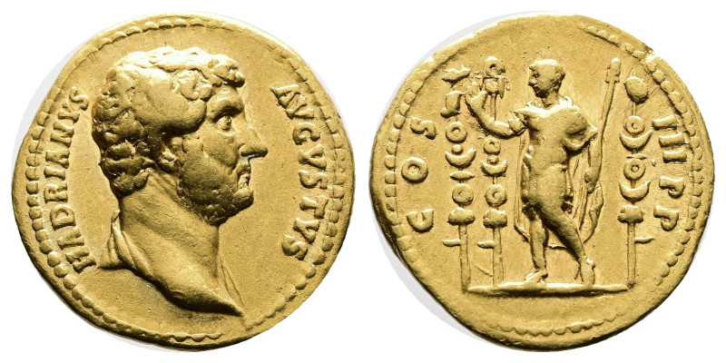 Hadrian, AD 129-130. Rome. Gold Aureus (20 mm ,7.23 g.). HADRIANVS AVGVSTVS, lau...