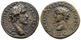 Antoninus Pius and Marcus Aurelius. Rome. AD 140-144. Bronze Sestertius ( 34 mm, 27.30 g.). ANTONINVS AVG PIVS P P TR P COS III, laureate head of Anto...