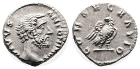 Antoninus Pius. Rome. AD 161. Posthumous issue struck under Marcus Aurelius. Silver Denarius ( 18 mm, 3.68 g.). DIVVS ANTONINVS, bare head of Antoninu...