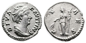 Faustina I. Rome. After AD 141. Posthumous issue struck under Antoninus Pius. Silver Denarius (17 mm, 3.27 g.). DIVA FAVSTINA, draped bust of Faustina...