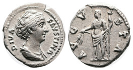 Faustina I. Rome. After AD 141. Posthumous issue struck under Antoninus Pius. Silver Denarius ( 18 mm, 3.33 g.). DIVA FAVSTINA, draped bust of Faustin...