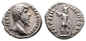 Lucius Verus. Rome. AD 164. Silver Denarius (mm, g.). L VERVS AVG ARMENIACVS, bare head of Lucius Verus to right. Rev. TR P IIII IMP II COS II, Mars s...
