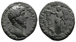 Lucius Verus. Rome. AD 165-166. Bronze As ( 24 mm, 9.89 g.). L VERVS AVG ARM PARTH MAX, laureate head of Lucius Verus to right. Rev. TR POT VI IMP III...