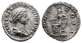 Lucilla. Rome. AD 161-183. Silver Denarius ( 19 mm, 2.84 g.). LVCILLAE AVG ANTONINI AVG F, draped bust of Lucilla to right. Rev. CONCORDIA, Concordia ...