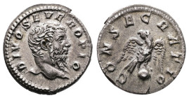 Septimius Severus. Rome. AD 211. Posthumous issue struck under Caracalla. Silver Denarius (18.9 mm, 3.10 g.) . DIVO SEVERO PIO, bare head of Septimius...