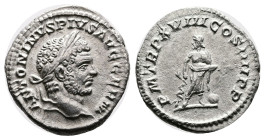 Caracalla. Rome. AD 215. Silver Denarius ( 18 mm. 2.86 g.). ANTONINVS PIVS AVG GERM, laureate head of Caracalla to right. Rev. P M TR P XVIII COS IIII...