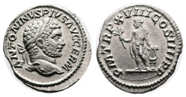 Caracalla. Rome. AD 215. Silver Denarius (19 mm, 2.81 g.). ANTONINVS PIVS AVG GERM, laureate head of Caracalla to right. Rev. P M TR P XVIII COS IIII ...