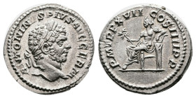 Caracalla. Rome. AD 215. Silver Denarius (18.1 mm, 3.44 g.). ANTONINVS PIVS AVG GERM, laureate head of Caracalla to right. Rev. P M TR P XVII COS IIII...