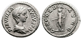 Plautilla. Rome. AD 202-203. Silver Denarius ( 17.9 mm, 3.58 g.). PLAVTILLA AVGVSTA, draped bust of Plautilla to right. Rev. CONCORDIA AVGG, Concordia...