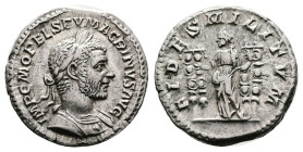 Macrinus. Rome. AD 217. Silver Denarius (17.9 mm, 3.27 g.). IMP C M OPEL SEV MACRINVS AVG, laureate, cuirassed bust of Macrinus to right with cropped ...