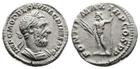 Macrinus. Rome. AD 217. Silver Denarius (19 mm, 3.50 g.). IMP C M OPEL SEV MACRINVS AVG, laureate, cuirassed bust of Macrinus to right. Rev. PONTIF MA...