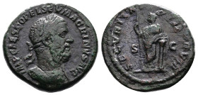 Macrinus. Rome. AD 217. Bronze As (26 mm, 9.53 g.). IMP CAES M OPEL SEV MACRINVS AVG, laureate, cuirassed bust of Macrinus to right. Rev. SECVRITAS TE...
