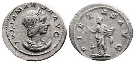 Julia Maesa. Rome. AD 218-219. Silver Antoninianus (23 mm, 4.61 g.). IVLIA MAESA AVG, draped bust of Julia Maesa to right, on crescent. Rev. PIETAS AV...