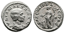 Julia Maesa. Rome. AD 218-219. Silver Denarius (18.8 mm, 2.86 g.). IVLIA MAESA AVG, draped bust of Julia Maesa to right. Rev. SAECVLI FELICITAS, Felic...
