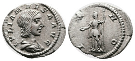 Julia Maesa. Rome. AD 218-220. Silver Denarius (20 mm, g.). IVLIA MAESA AVG, draped bust of Julia Maesa to right. Rev. IVNO, Juno standing left, holdi...