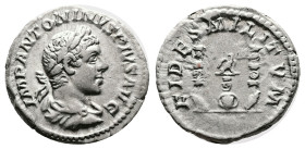 Elagabalus. Rome. AD 218-222. Silver Denarius. (18.4 mm, 3.78 g.). IMP ANTONINVS PIVS AVG, laureate and draped bust of Elagabalus to right. Rev. FIDES...
