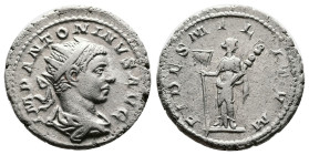 Elagabalus. Rome. AD 218-222. Silver Antoninianus (22 mm, 4.77 g.). IMP ANTONINVS PIVS AVG, radiate and draped bust of Elagabalus to right. Rev. FIDES...