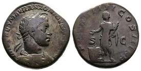 Elagabalus. Rome. AD 221. Bronze Sestertius ( 29 mm, 20.84 g.). IMP CAES M AVR ANTONINVS PIVS AVG, laureate, horned, draped and cuirassed bust of Elag...