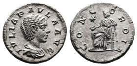 Julia Paula. Rome. AD 220. Silver Denarius ( 18.8 mm, 2.81 g.). IVLIA PAVLA AVG, draped bust of Julia Paula to right. Rev. CONCORDIA, Concordia seated...