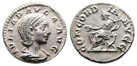 Julia Paula. Rome. AD 220. Silver Denarius ( 17.2 mm, 3.32 g.). IVLIA PAVLA AVG, draped bust of Julia Paula to right. Rev. CONCORDIA AVGG, Concordia s...