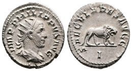 Philip I. Rome. AD 244-249. Silver Antoninianus (22 mm, 3.88 g.). IMP PHILIPPVS AVG, radiate, draped and cuirassed bust of Philip I to right. Rev. SAE...