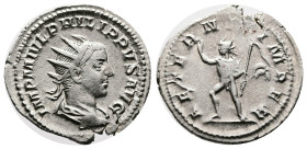 Philip II. Rome. AD 247-248. Silver Antoninianus (23 mm, 3.79 g.). IMP M IVL PHILIPPVS AVG, radiate, draped and cuirassed bust of Philip II to right. ...