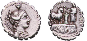 Rome Roman Republic (ancient) 81 BC AR Denarius serratus (Postumia: Aulus Postumius Albinus; A•POST•A•F S•N•ALBIN) Silver Rome Mint 3.82g XF RRC 372/1...