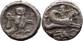 Phoenicia, Tyre ( Circa 347-332 BC) AR Didrachm Obverse: Crowned and bearded deity riding right on winged hippocamp, holding reins and bow; two-line z...