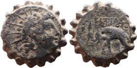 Antiochos VI Dionysos (Seleukid King: 145-141 BC). AE bronze. Obv.: radiate and wreathed head r. Rev.: elephant standing l., holding torch with trunk;...