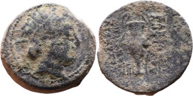 Antiochos VI Dionysos (Seleukid King: 145-141 BC). AE bronze. Obv: Radiate and diademed head Rev: Amphora; palm to r.; monogram below.

22mm 8,75g