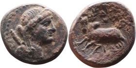 Phoenicia, Arados. (II century BC) Bronze coin Obv: Veiled bust of Astarte right, wearing stephane Rev: humped bull leaping left,

20mm 7,14g