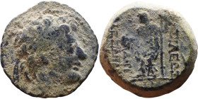 Alexander II Zabinas (Seleukid King: 128 BC-123 BC) Bronze coin. Obverse: Diademed head of Alexander II right Reverse: Dionysus standing left, holding...